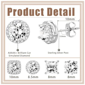 APSVO 4 Pairs 18K White Gold Plated Halo Stud Earrings for Women